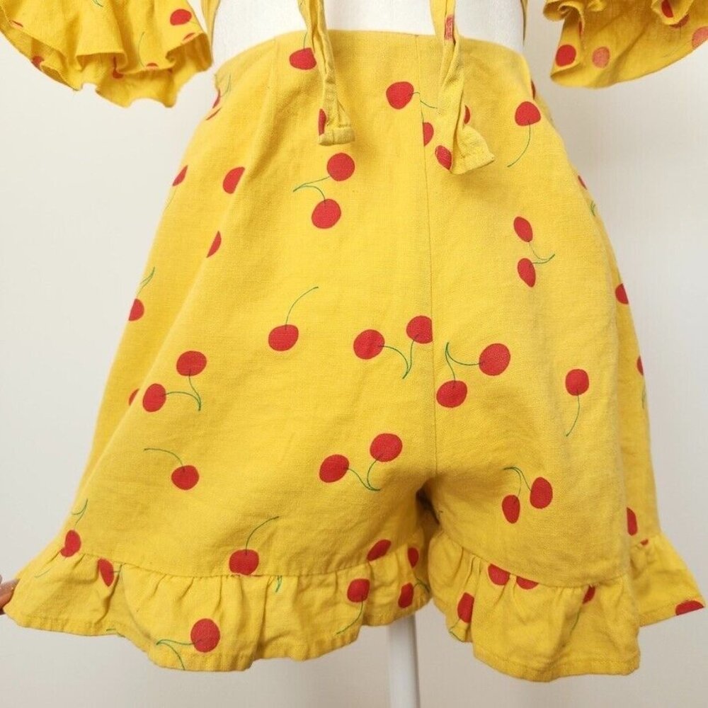 ASOS Cherry Linen Two Piece Set Size 0 Yellow Red Crop Top Shorts Ruffle Boho - Picture 3 of 16